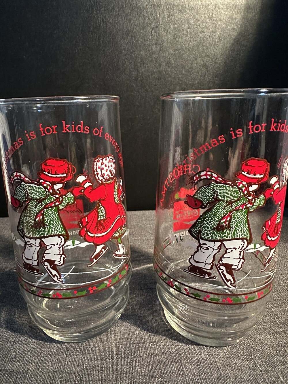 Vintage 1977 Coca Cola Christmas Glasses Set of 2 Ice Skating Kids 4 of 4